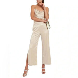 Jonathan Simkhai Night Night High Rise Satin Cropped Wide Leg Trousers Beige M